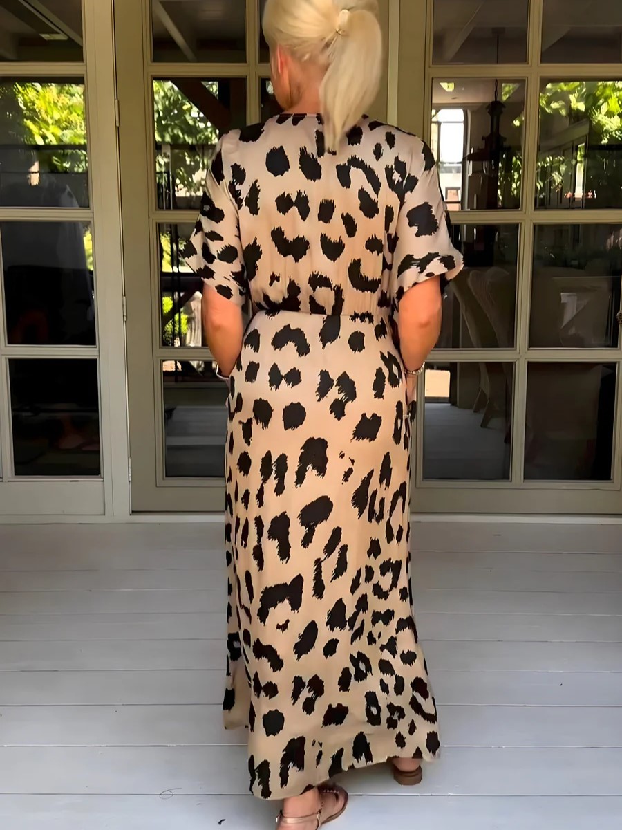 Leopard Print V-Neck Short Sleeve Pocket Maxi Dress