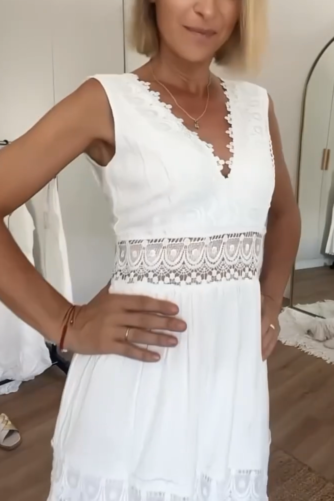 Lace Panel V-Neck Sleeveless Midi Dress (Buy 2 Free Shipping)