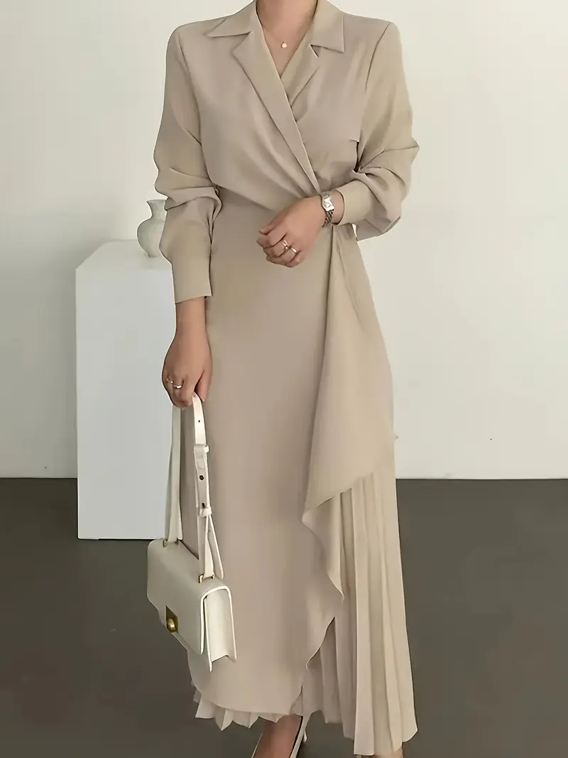 Elegant Shirt Collar Draped Waist Pleated Hem Maxi Dress (Buy 2 Free Shipping)