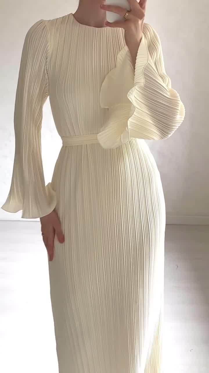 Women's Fall Maxi Dress Chic Pleated Bell Bottom Sleeve Midi Dress