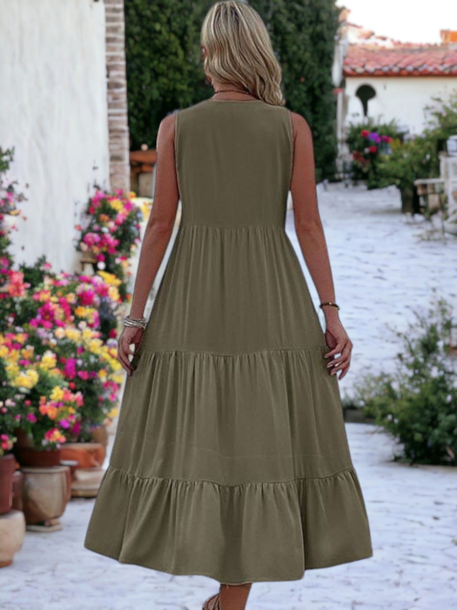 V-Neck Button Detailed Boho Midi Ruffle Dress For Women