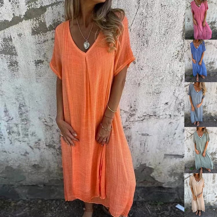 Last Day 49% OFF🔥Cotton and Linen V-neck Midi Dress(Buy 2 Free Shipping)