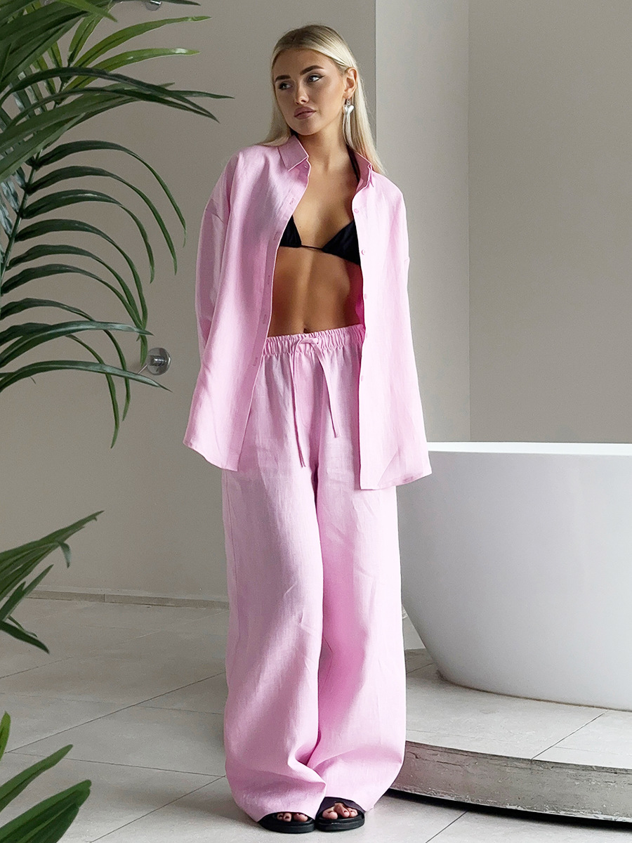 Breezy Cotton Button Shirt Wide Leg Resort Two Piece Set