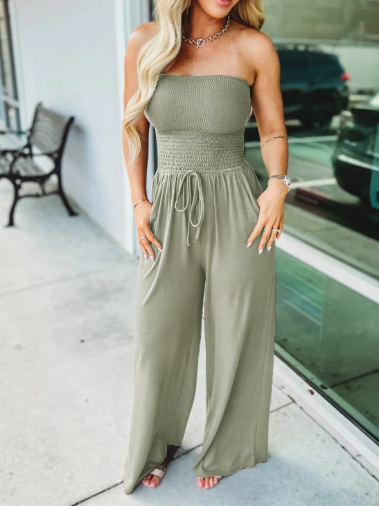Last Day Promotion 49% OFF💖Off Shoulder Solid Colour Smocked Jumpsuit