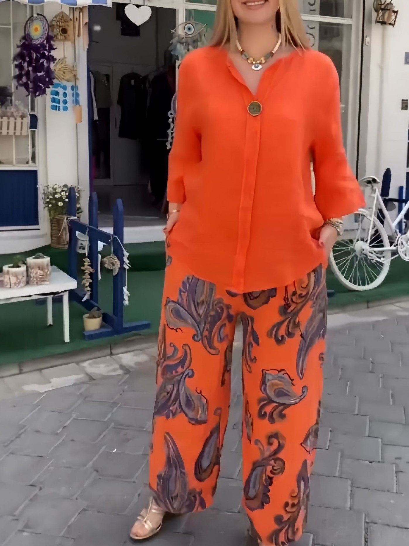 Relaxed Cotton-Linen V-Neck Top and Printed Wide Leg Pants Set (Buy 2 Free Shipping)