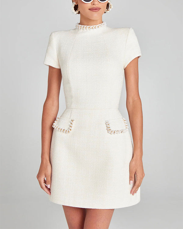 Tweed Fabric Pearl Trim Short Sleeve Pocketed Mini Dress