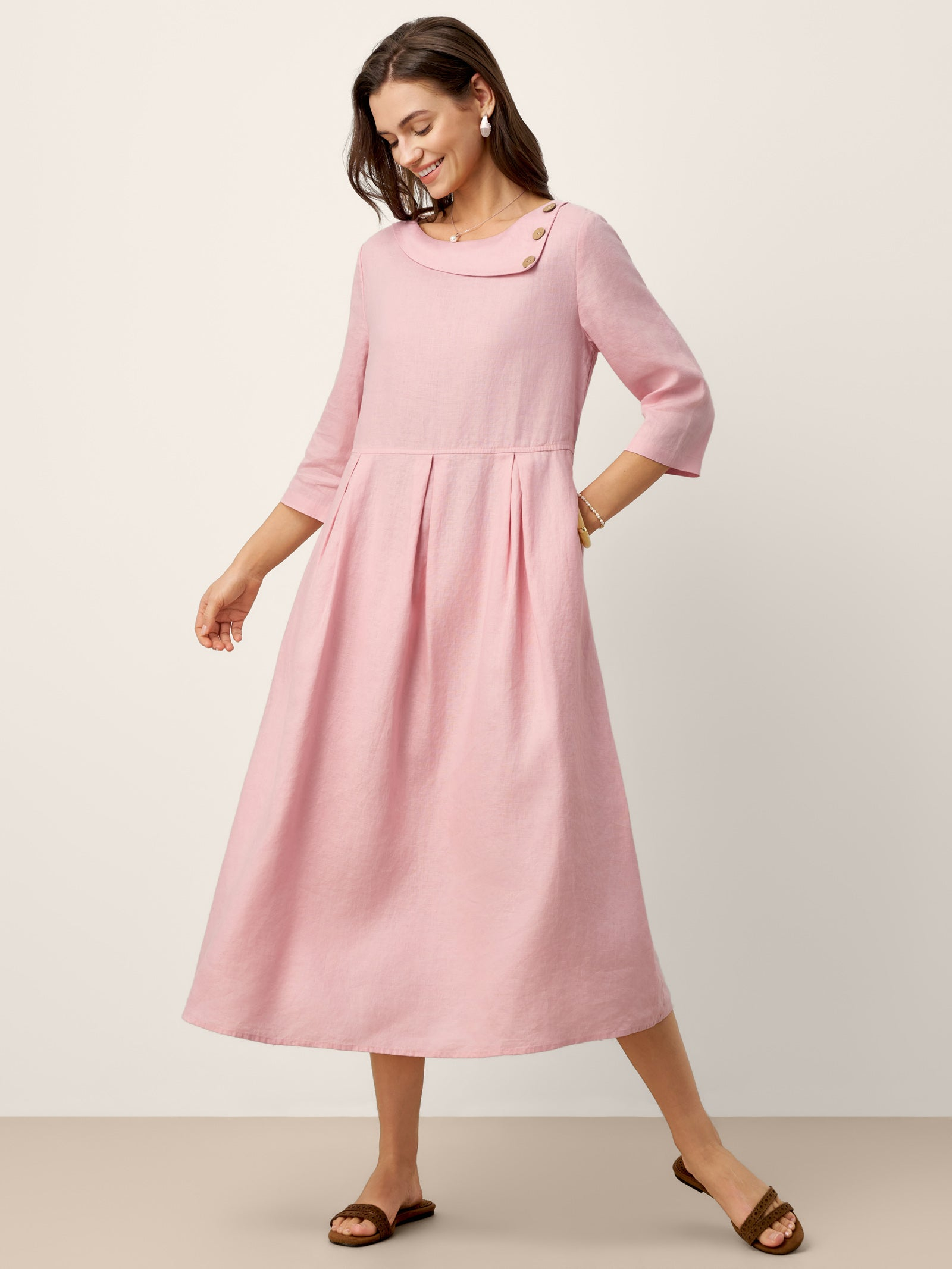 Elegant Button Detail Pleated Midi Dress (Buy 2 Free Shipping)