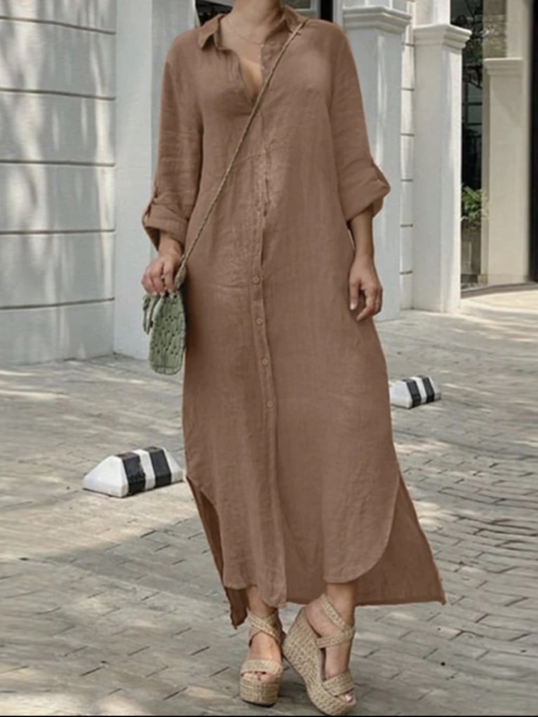 Elegant Linen-Blend Button-Down Maxi Dress with Rolled Sleeves
