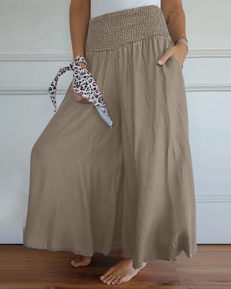 Smocked Waist Wide Leg Flowy Pants (Buy 2 Free Shipping)