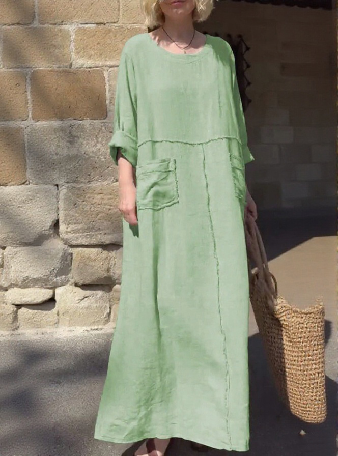 Relaxed Patch-Pocket Cotton-Line Maxi Dress (Buy 2 Free Shipping)