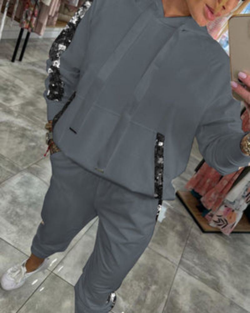 Casual Sequin Stripe Hoodie Jogger Two Piece Set (Buy 2 Free Shipping)