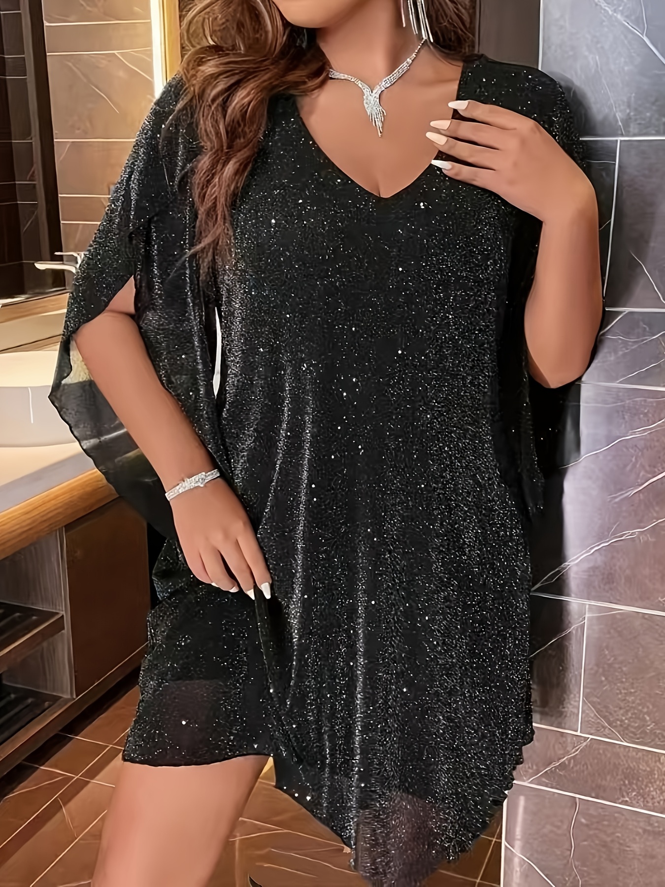 Plus Size Sparkly V-Neck Batwing Sleeve Dress (Buy 2 Free Shipping)