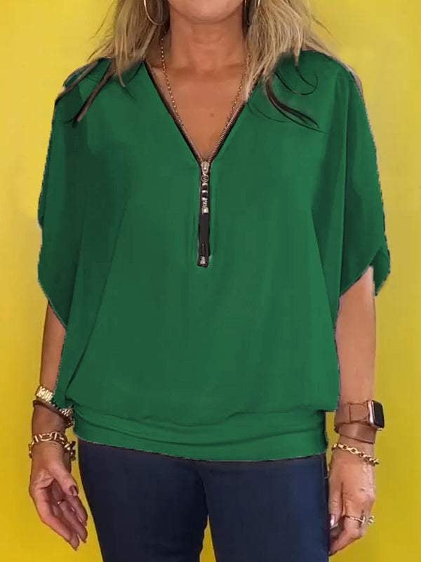 Last Day Promotion🔥Chiffon Half-zip Short-sleeved Casual Top(BUY 2 FREE SHIPPING)