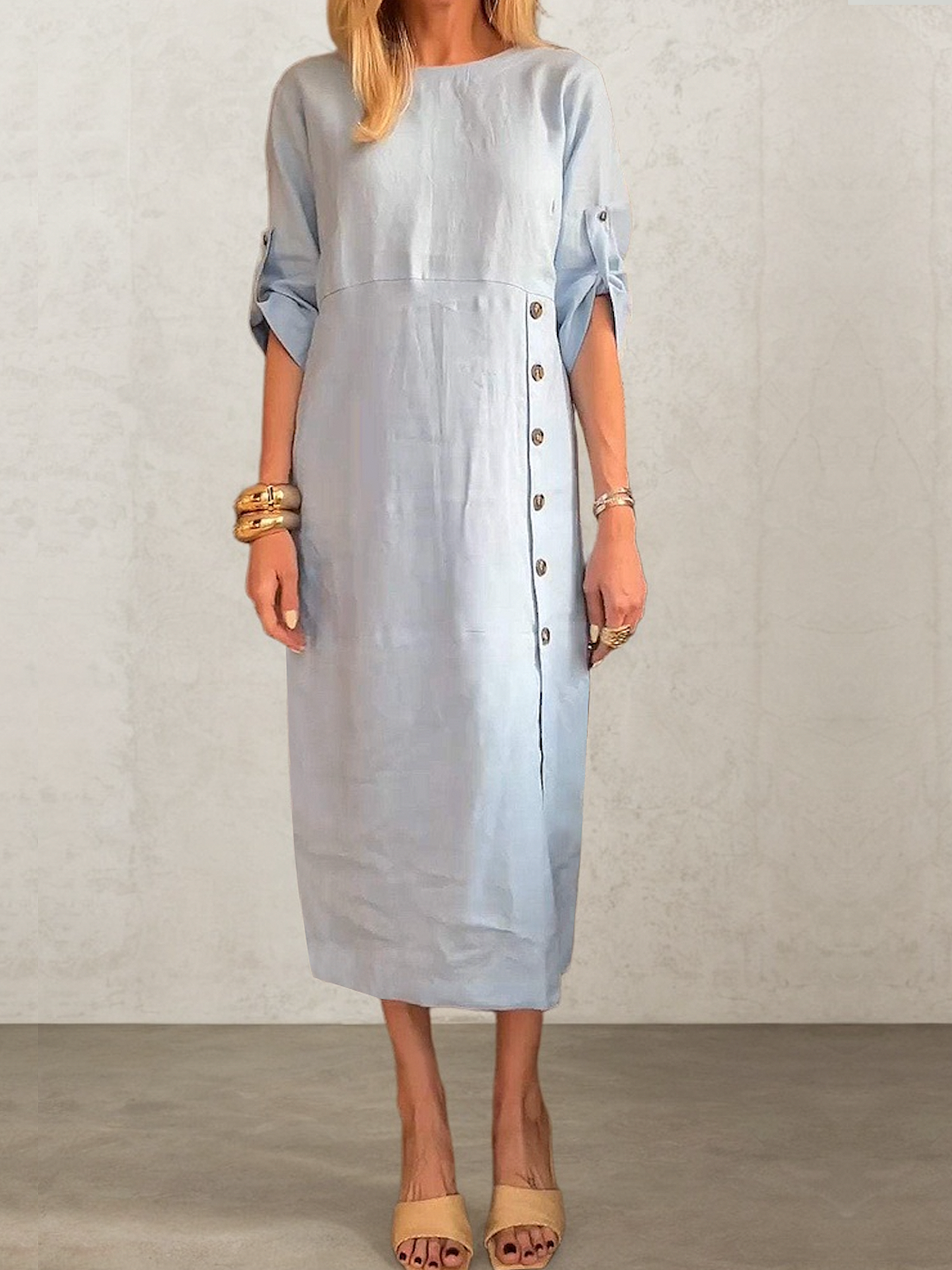 Linen Crew Neck Plain Short Sleeve Midi Dress