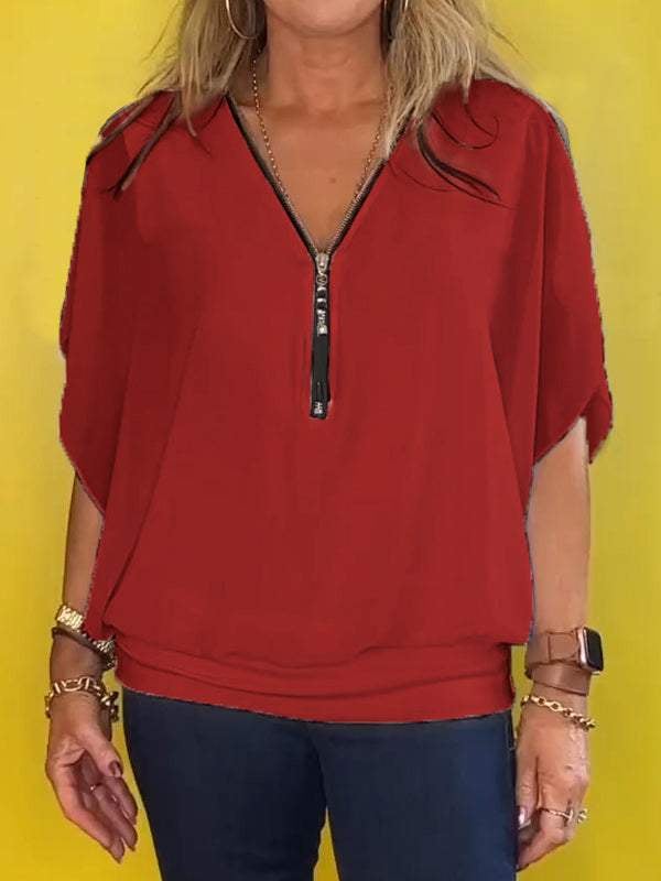Last Day Promotion🔥Chiffon Half-zip Short-sleeved Casual Top(BUY 2 FREE SHIPPING)