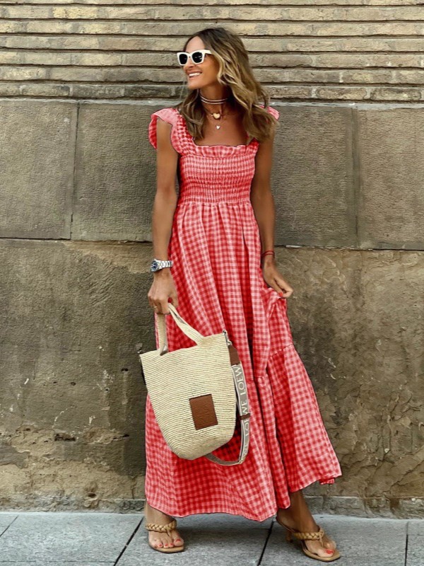 Flowy Smocked Gingham Square-Neck Maxi Dress