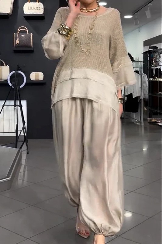 Relaxed Textured Layered Top and Balloon Pants Two-Piece Set
