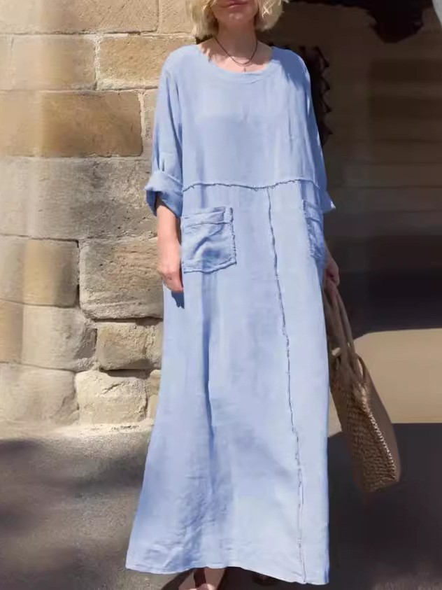 Relaxed Patch-Pocket Cotton-Line Maxi Dress (Buy 2 Free Shipping)