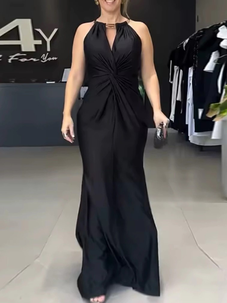 Satin Halter Gown with Ruched Waist and Open Back