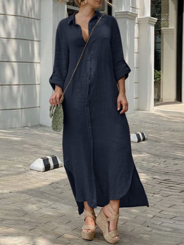 Elegant Linen-Blend Button-Down Maxi Dress with Rolled Sleeves