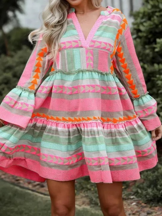 Colorblock Boho Flare Sleeve Swing Dress