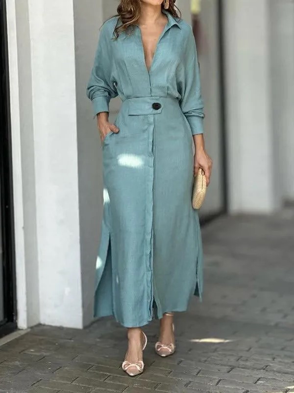 Elegant V-Neck Belted Button-Down Maxi Dress (BUY 2 FREE SHIPPING)