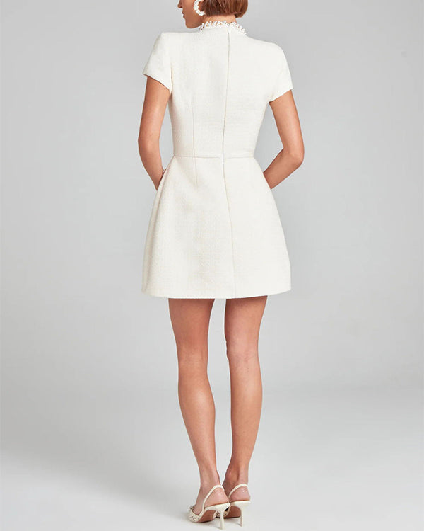 Tweed Fabric Pearl Trim Short Sleeve Pocketed Mini Dress