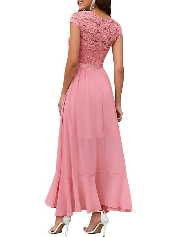Elegant Lace High Low Chiffon Ruffle Hem Dress