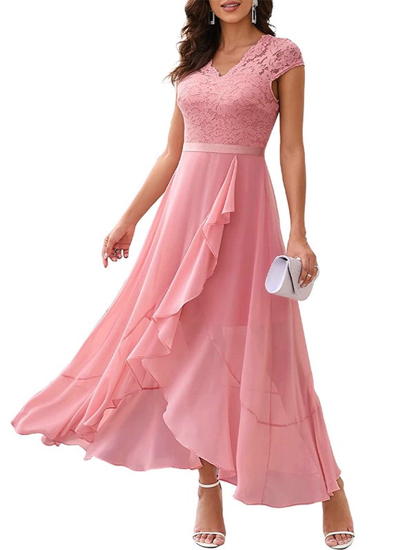 Elegant Lace High Low Chiffon Ruffle Hem Dress