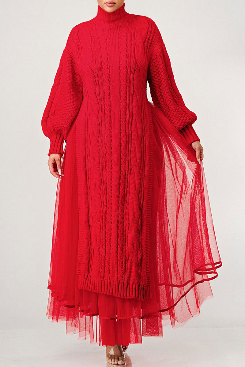 Cozy Chunky Knit Mock Neck Mesh Hem Dress (Buy 2 Free Shipping)