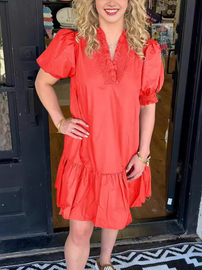 Ruffle V-Neck Puff Sleeve Dress (Buy 2 Free Shipping)
