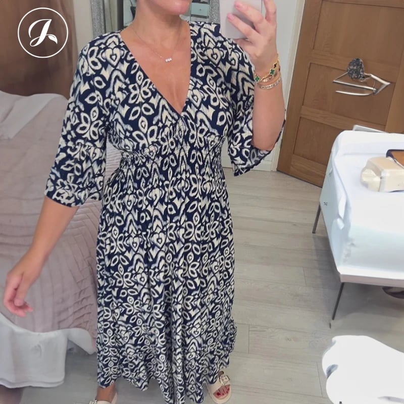 Last Day Promotion❤️Bohemian Casual Print V-neck Shirred Dress(Buy 2 Free Shipping)