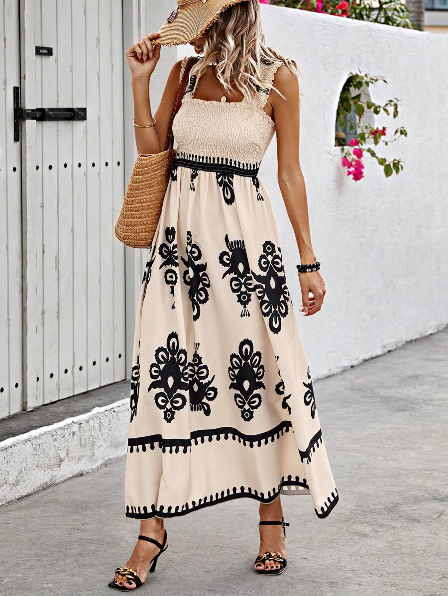 Breezy Smocked Floral Pocket Square Neck Dress