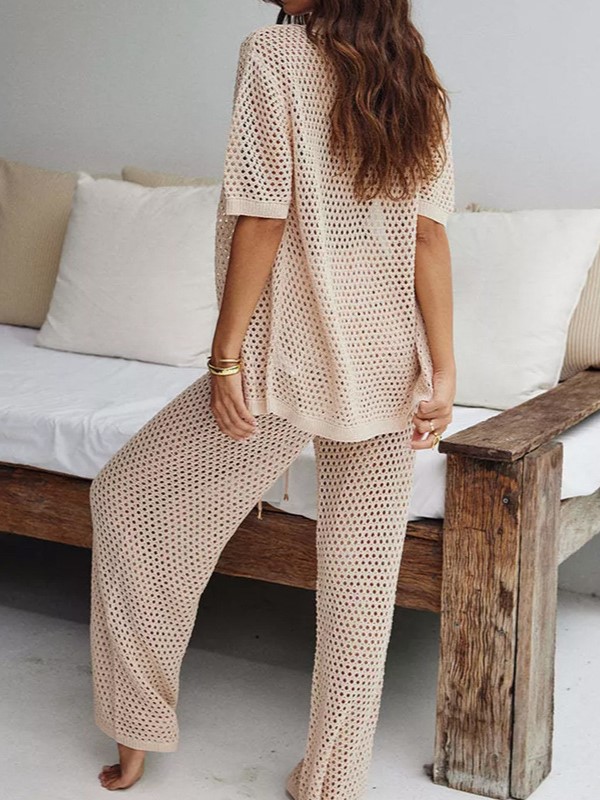Breezy Crochet Button Front Wide Leg Pants Two Piece Set