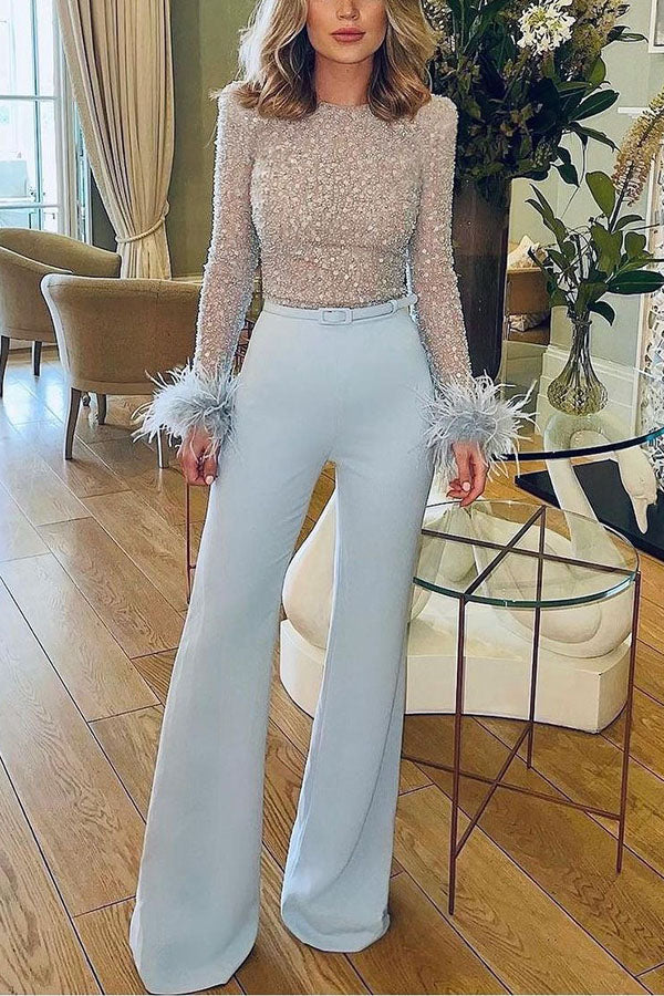 Ready for Vegas Feather Detail Trim Sequin Jumpsuit (Free Shipping)