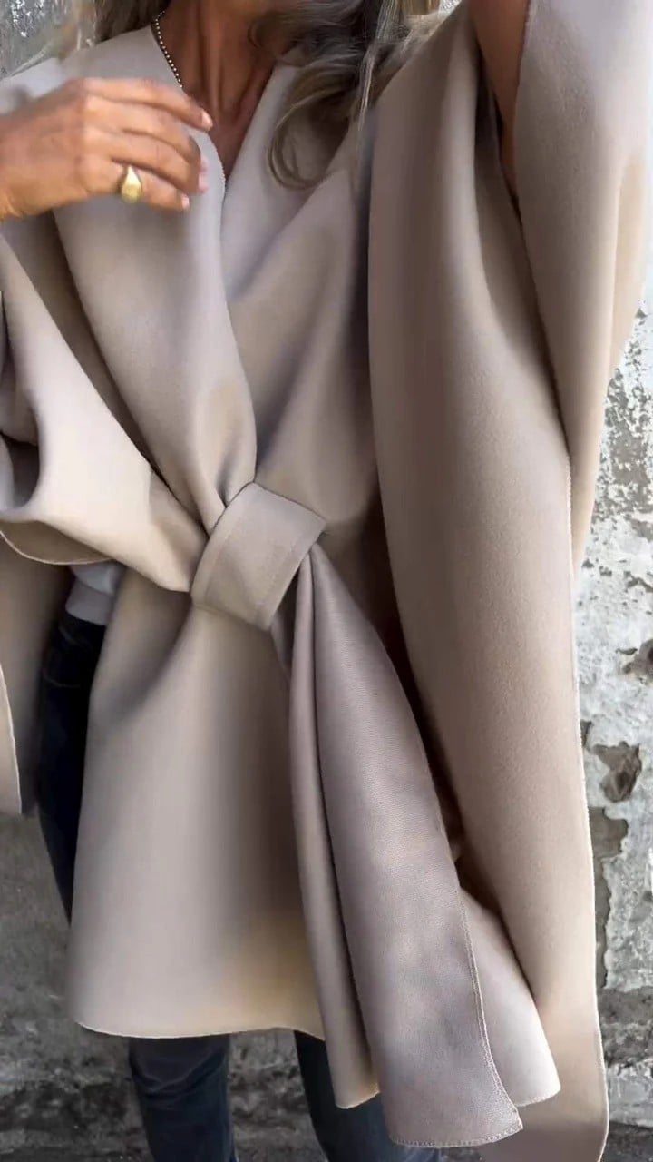 Minimalist Wool Blend Wrap Cape Coat with Inserted Front Detail (Buy 2 Free Shipping)