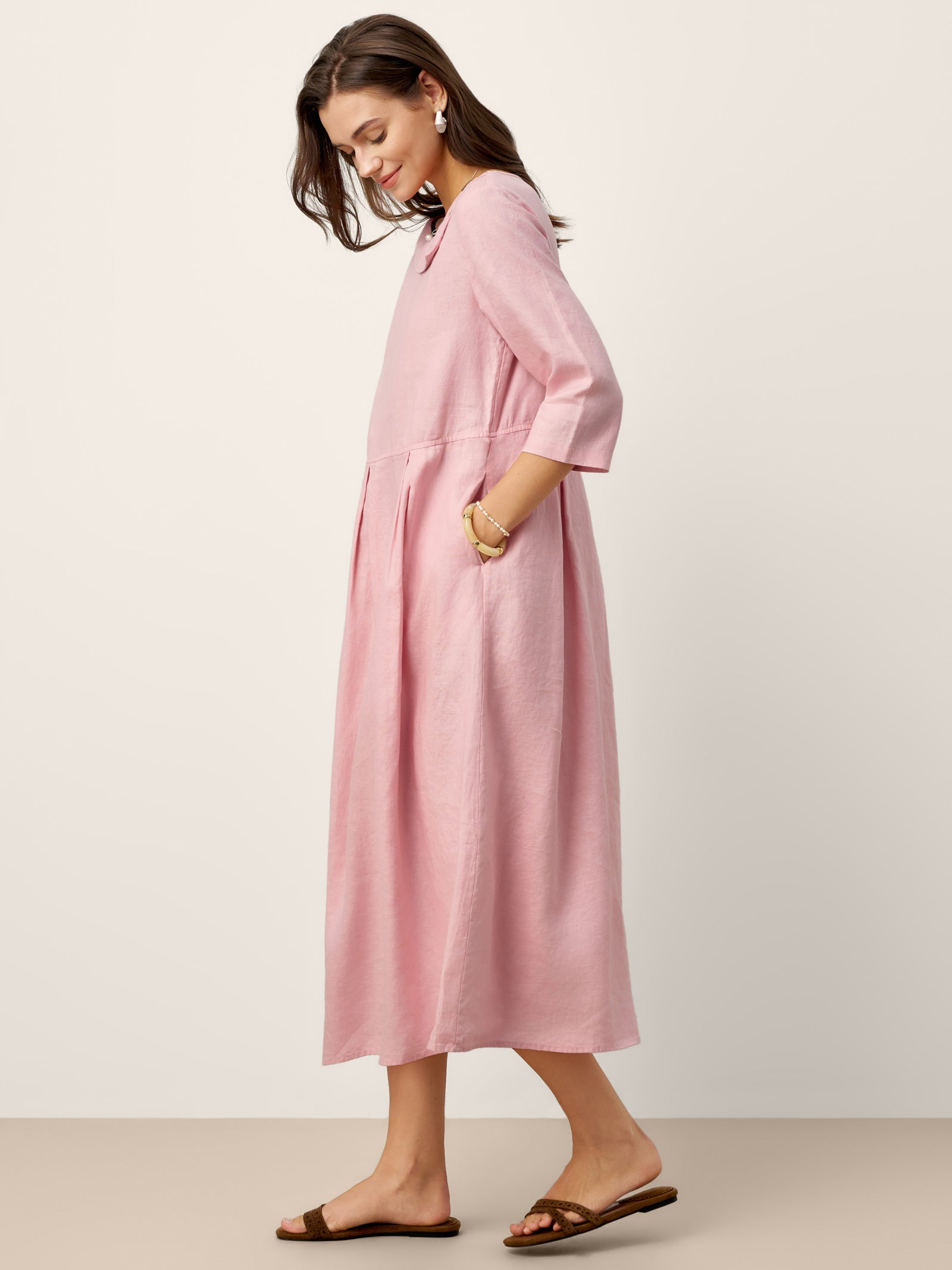 Elegant Button Detail Pleated Midi Dress (Buy 2 Free Shipping)