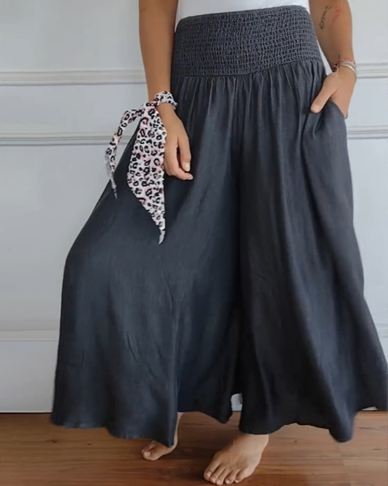 Smocked Waist Wide Leg Flowy Pants (Buy 2 Free Shipping)