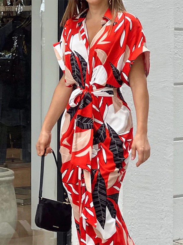 Printed Button-Down Maxi Dress with Waist Tie