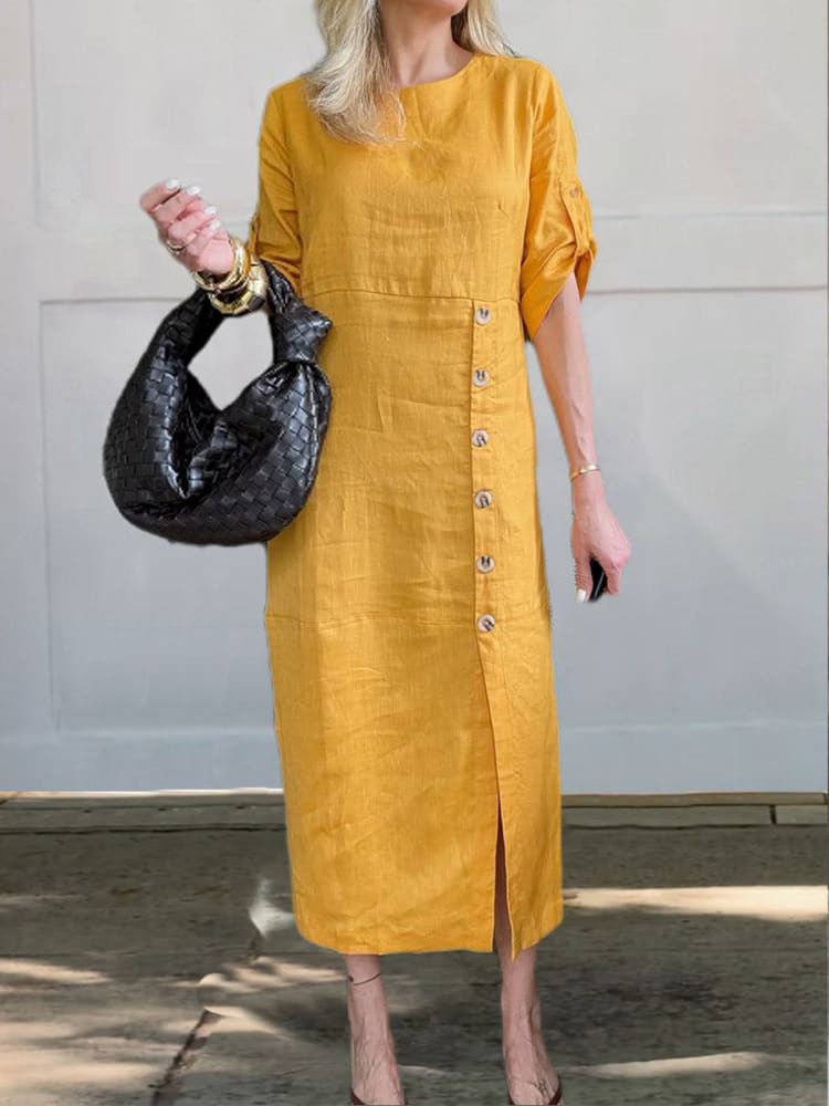 Linen Crew Neck Plain Short Sleeve Midi Dress