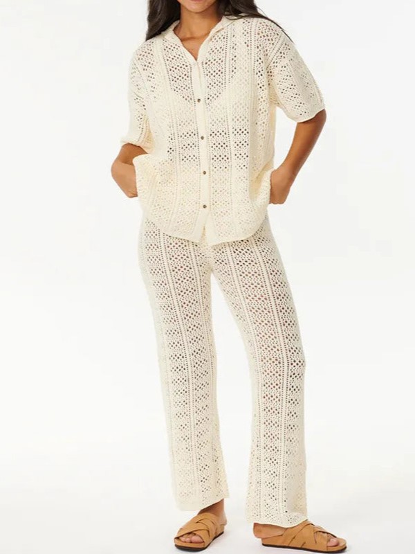 Elegant Open Knit Button Top And Wide Leg Pants Set