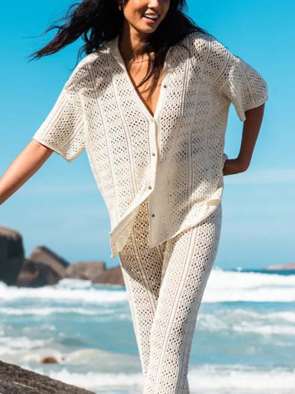 Elegant Open Knit Button Top And Wide Leg Pants Set