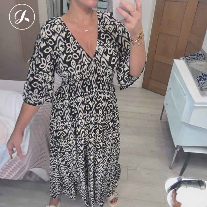 Last Day Promotion❤️Bohemian Casual Print V-neck Shirred Dress(Buy 2 Free Shipping)