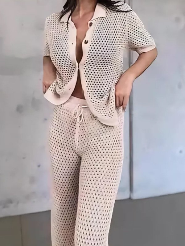 Breezy Crochet Button Front Wide Leg Pants Two Piece Set