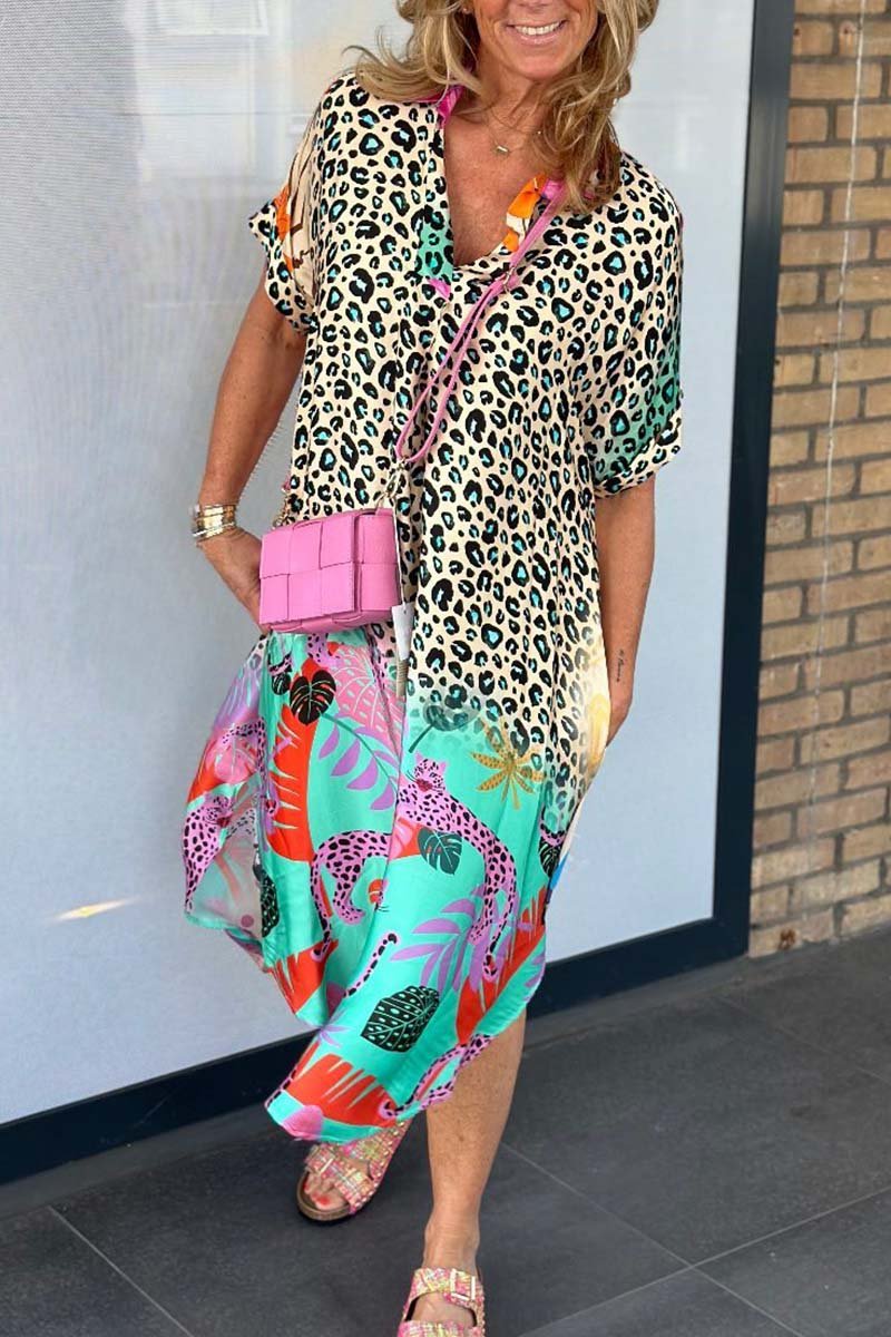Colorblock Leopard Graffiti Print Oversized Shirt Dress (Buy 2 Free Shipping)