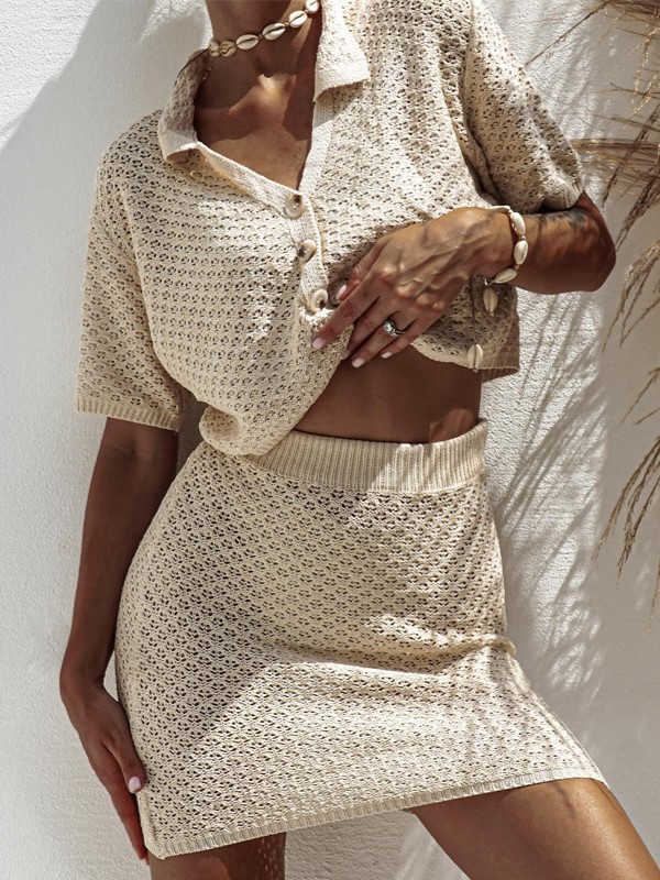 Elegant Open Knit Button Front Polo Skirt Two Piece Set
