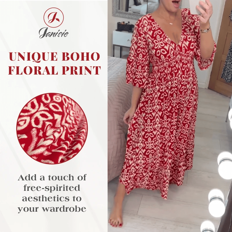 Last Day Promotion❤️Bohemian Casual Print V-neck Shirred Dress(Buy 2 Free Shipping)