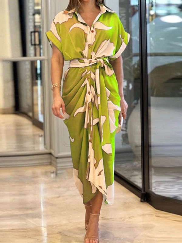 Printed Button-Down Maxi Dress with Waist Tie