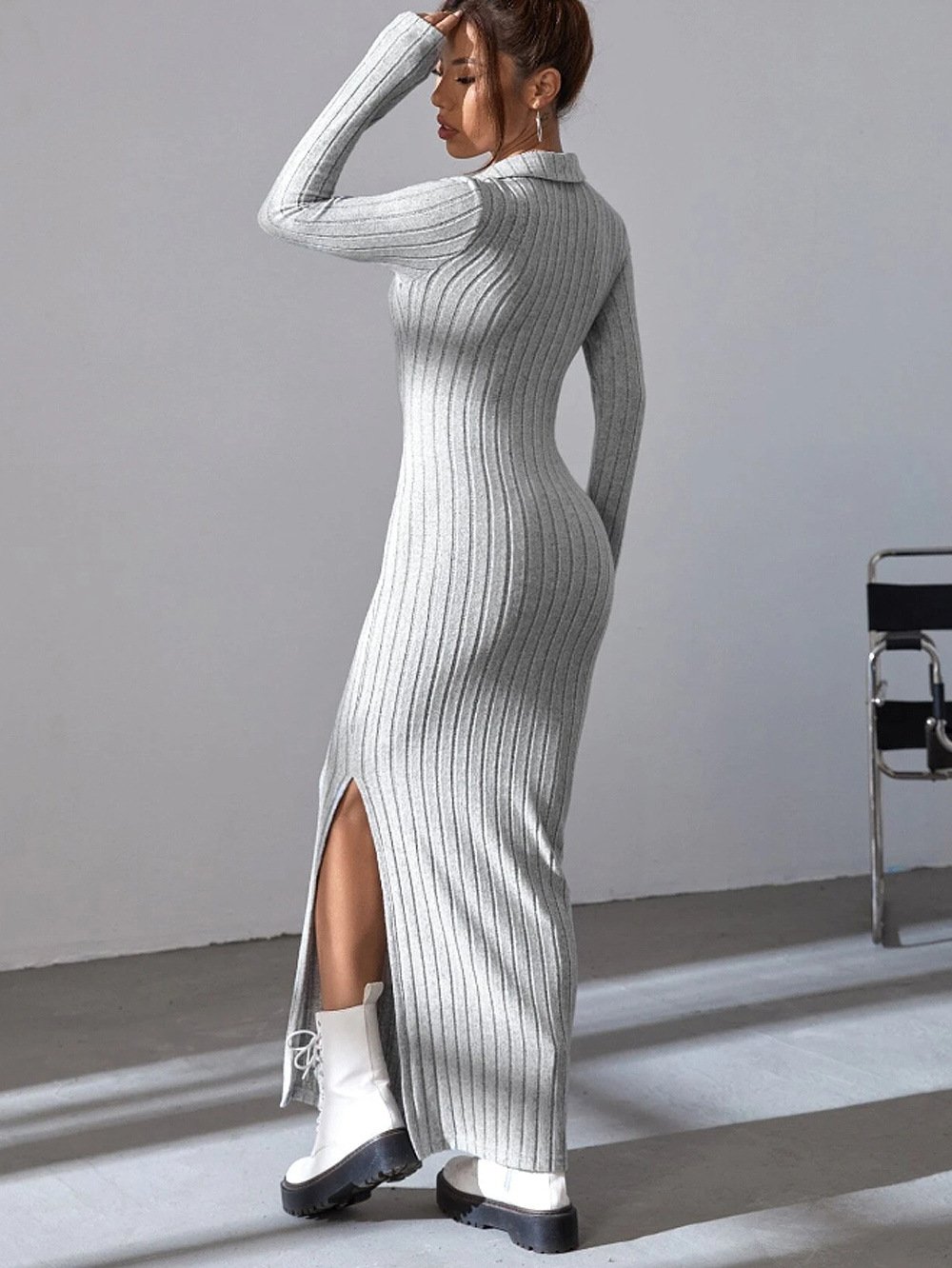 Knitted Fitted Lapel Long Sleeve Ribbed Dress (Buy 2 Free Shipping)