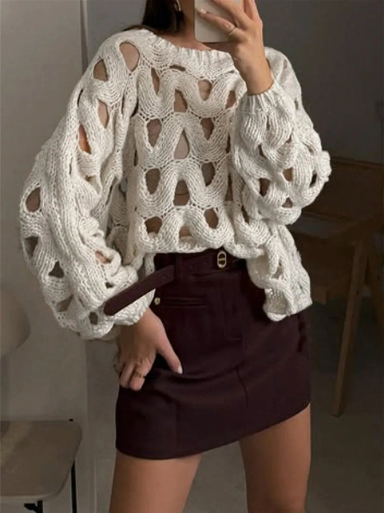 Chunky Hollow Knit Balloon Sleeve Sweater